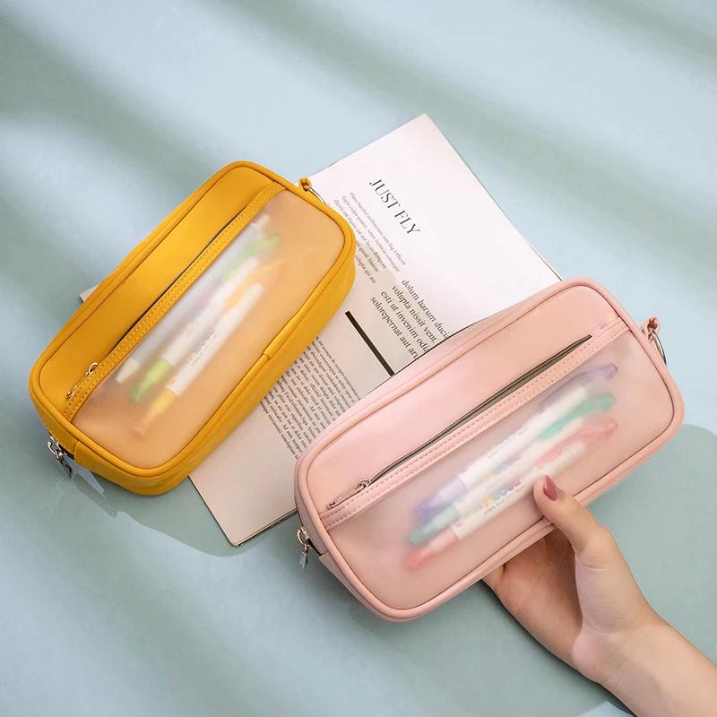 귀여운 서리로 덥은 투명 연필 가방 대용량 여성 간단한 문학 일본 고등학교 문구 가방 보관 가방